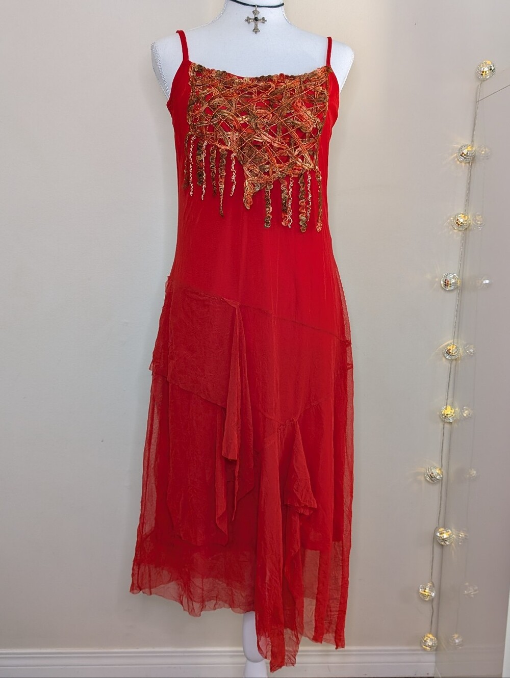 Save The Queen Red Boho Asymmetric Midi Dress - Mesh